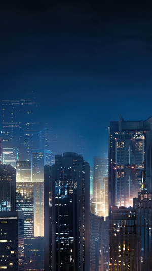 Nighttime Cityscape with Illuminated Skyscrapers