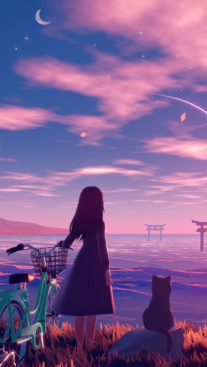 Anime girl and cat by the sea at sunset with torii gates