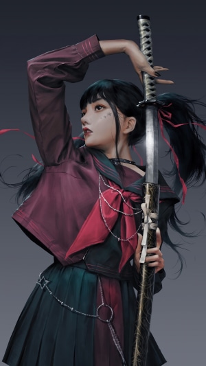 Anime girl in school uniform holding a katana