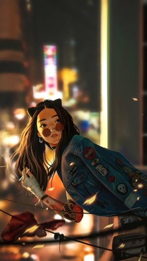 Anime girl with cat ears smoking in city at night
