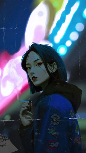 Anime girl smoking in neon city
