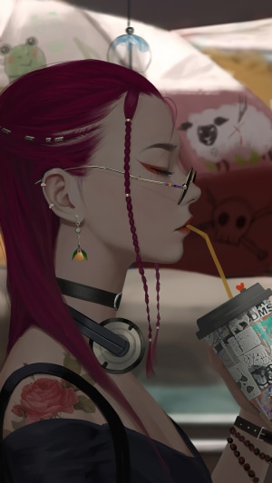 Anime girl with pink hair drinking from a cup