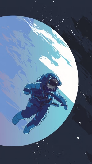 Astronaut floating near a large planet in space