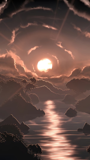 Sun setting over a misty river with mountains