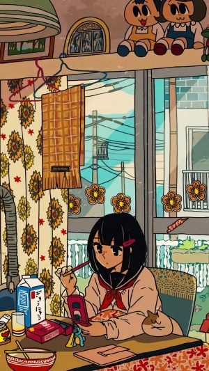 Anime girl in school uniform eating