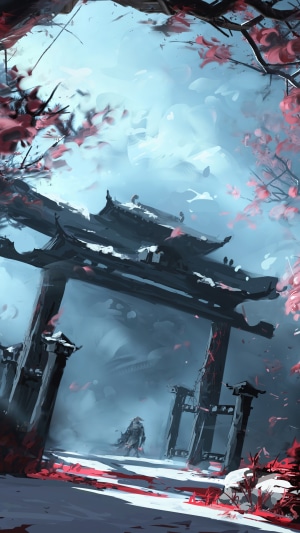 Torii gate with a lone warrior in a snowy landscape