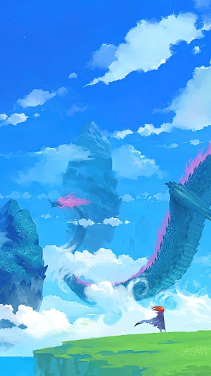 Girl and Dragons in a Cloudy Sky Landscape