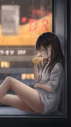 Anime girl drinking by the window on a rainy night