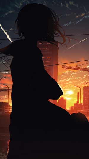 Silhouette of Anime Girl at Sunset in City