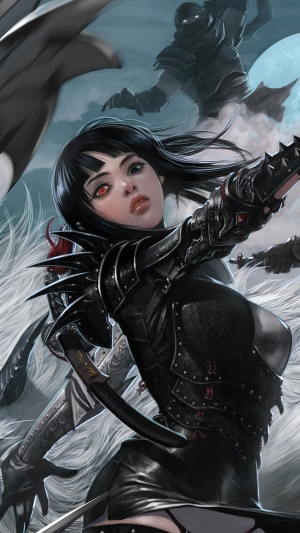 Fantasy girl ninja with red eyes and armor