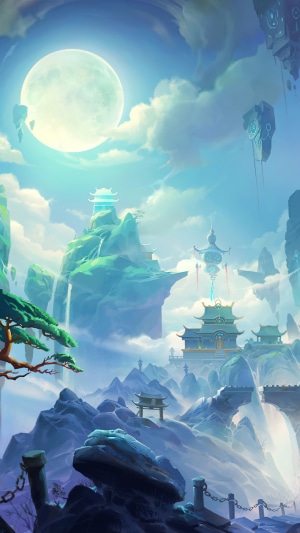 Fantasy world with floating islands and a large moon