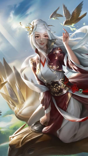 Fantasy girl with white hair and birds