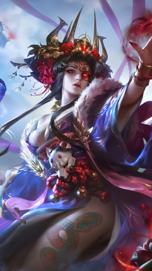 Fantasy Girl with Yokai Mask and Snake Tattoo