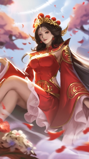 Beautiful woman in red dress with golden ornaments