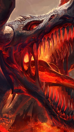 Close-up of a fearsome dragon's head with glowing red mouth