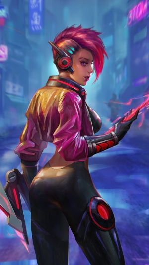 Cyberpunk girl with pink hair and futuristic outfit