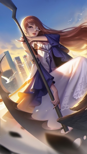 Anime girl with scythe in front of city skyline