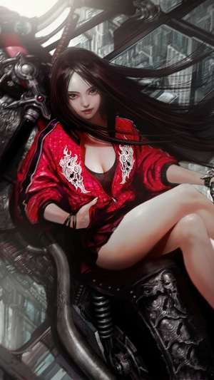 Anime girl with long black hair in red jacket
