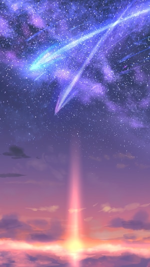 Anime sky with shooting stars and sunset