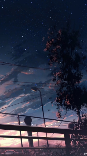 Anime sunset with stars and clouds over a bridge