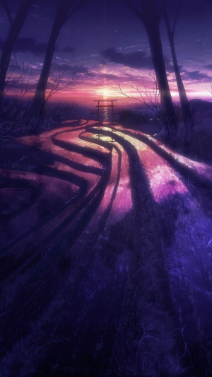 Anime sunset over a path with a torii gate