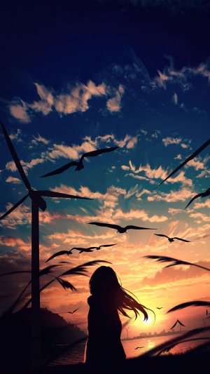 Anime girl silhouette at sunset with wind turbines and birds