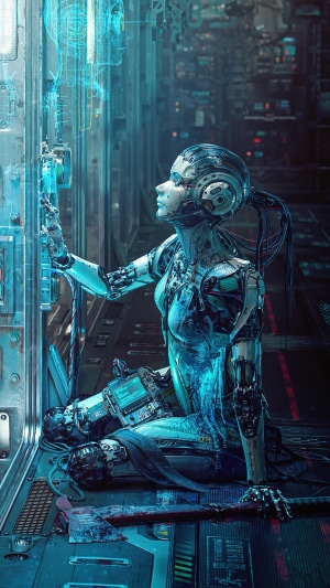 Cyborg interacting with holographic interface in sci-fi setting