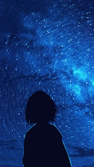 Silhouette of a girl under a starry night sky