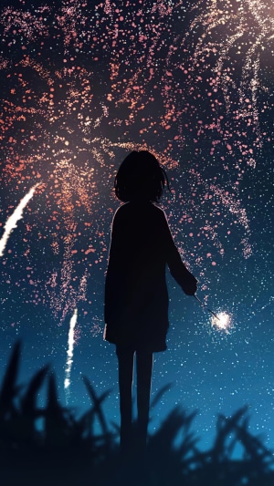 Anime girl silhouette with sparkler and fireworks
