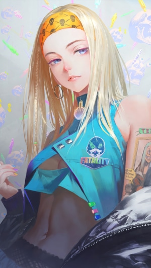 Anime girl with blonde hair and skull bandana