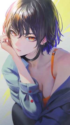 Anime girl with short dark hair and orange eyes