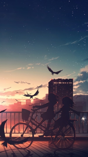 Anime silhouettes of two girls biking at sunset with birds flying over a city