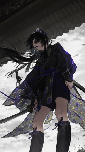 Anime girl with katana in dark outfit