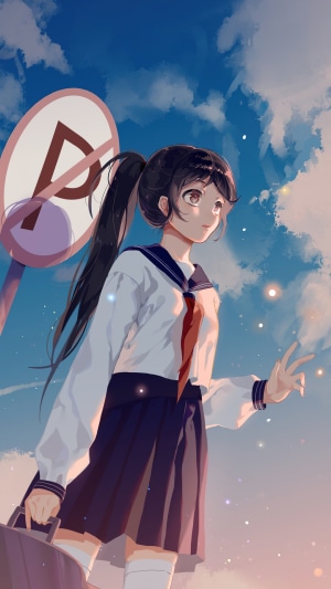 Anime girl in school uniform with no parking sign