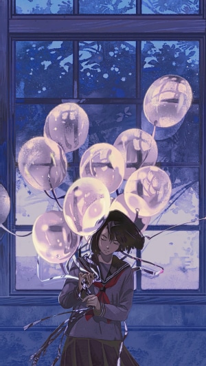 Anime girl with balloons by the window