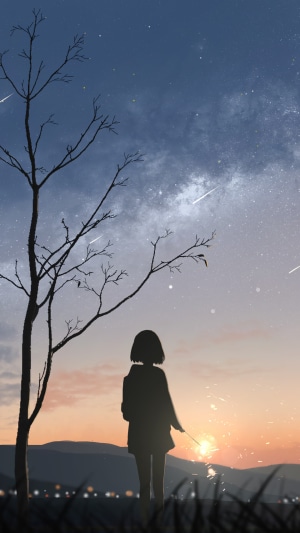 Anime girl with sparkler under starry sunset sky