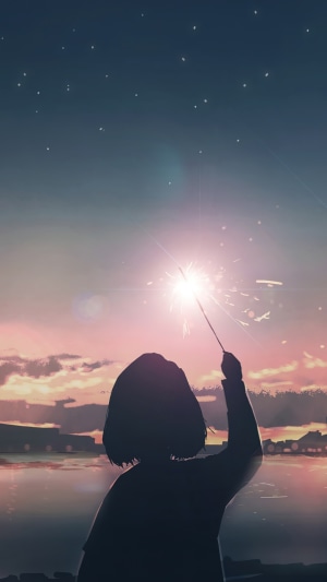 Anime girl with sparkler at sunset