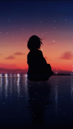 Silhouette of a girl watching the sunset over the water