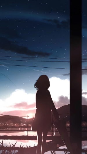 Anime girl silhouette at sunrise with starry sky