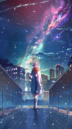 Anime girl in winter coat under starry night sky