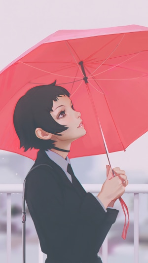 Anime girl with black hair holding a red umbrella
