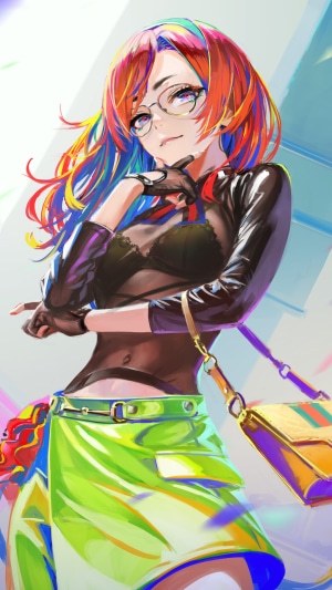 Anime girl with rainbow hair and glasses