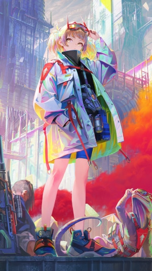 Anime girl in futuristic city with weapons