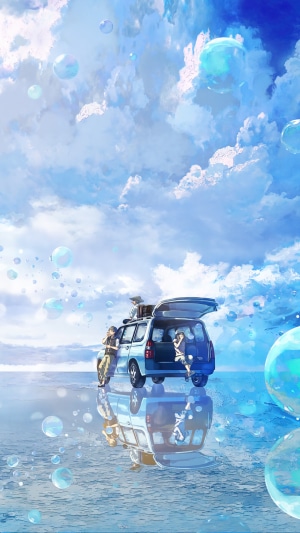 Anime characters by a van on a reflective surface with bubbles