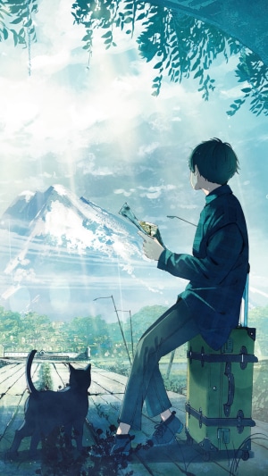 Anime boy with cat and suitcase overlooking mountains