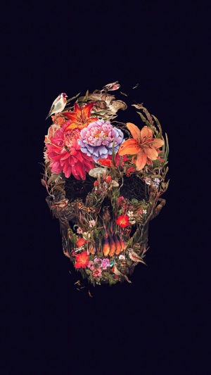 Skull made of flowers and plants with birds