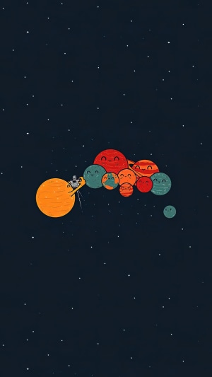 Cute cartoon planets and a spaceship in space
