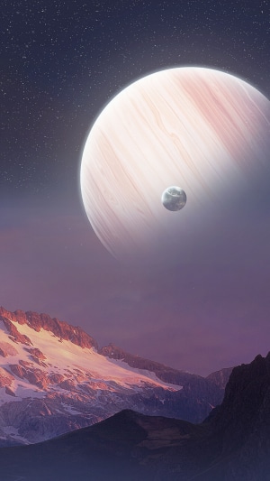 Alien planet landscape with mountains and gas giant
