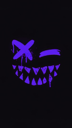 Scary purple smiley face with sharp teeth