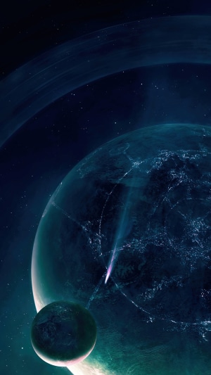 Planet with rings and a moon in space
